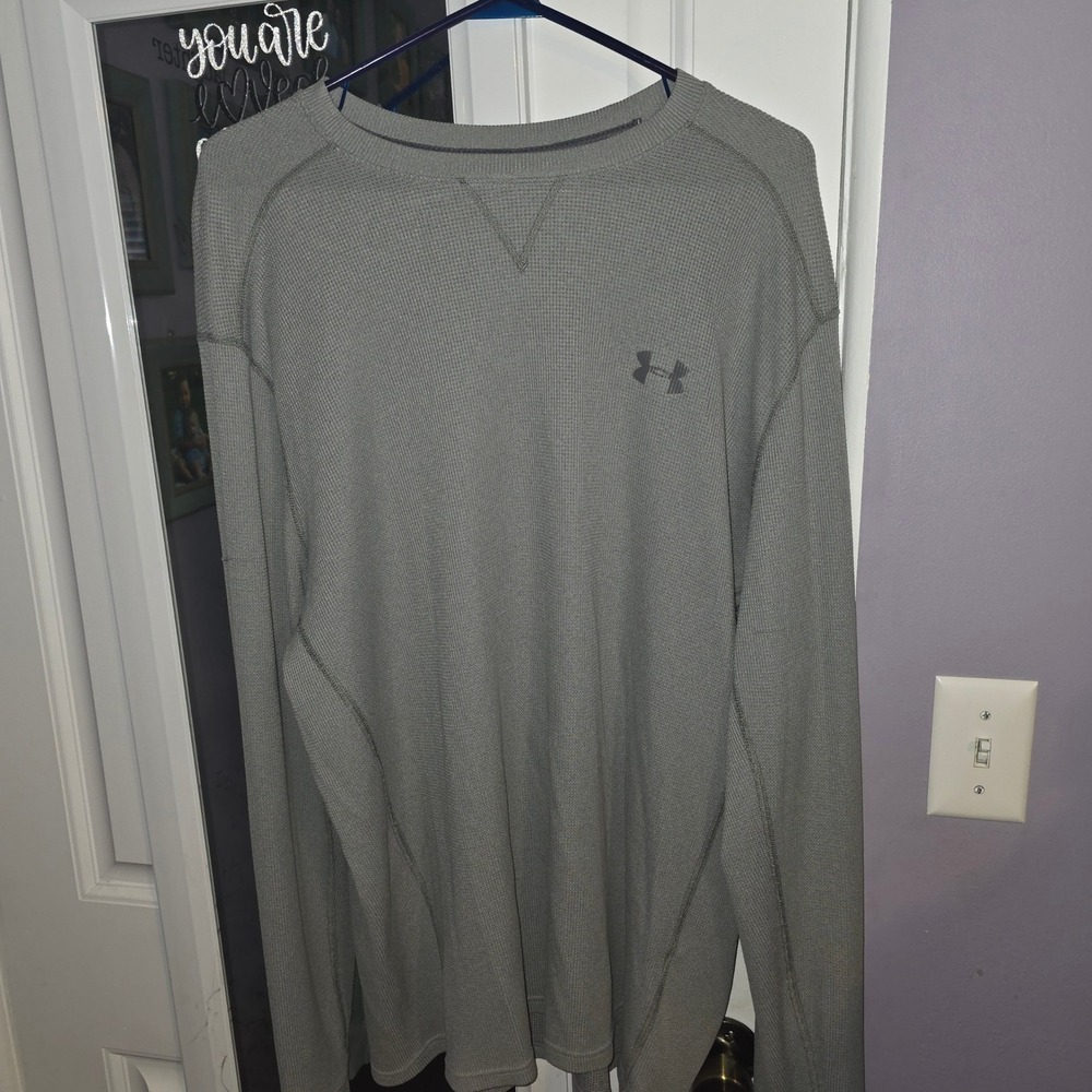 Under Armour Mens ColdGear Waffle Knit Thermal Shirt Grey Loose Fit 2XL Long